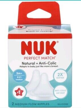 NUK Perfect Match, Medium Flow, Soft Silicone Nipple Anti-Colic Vent, 6 Pack